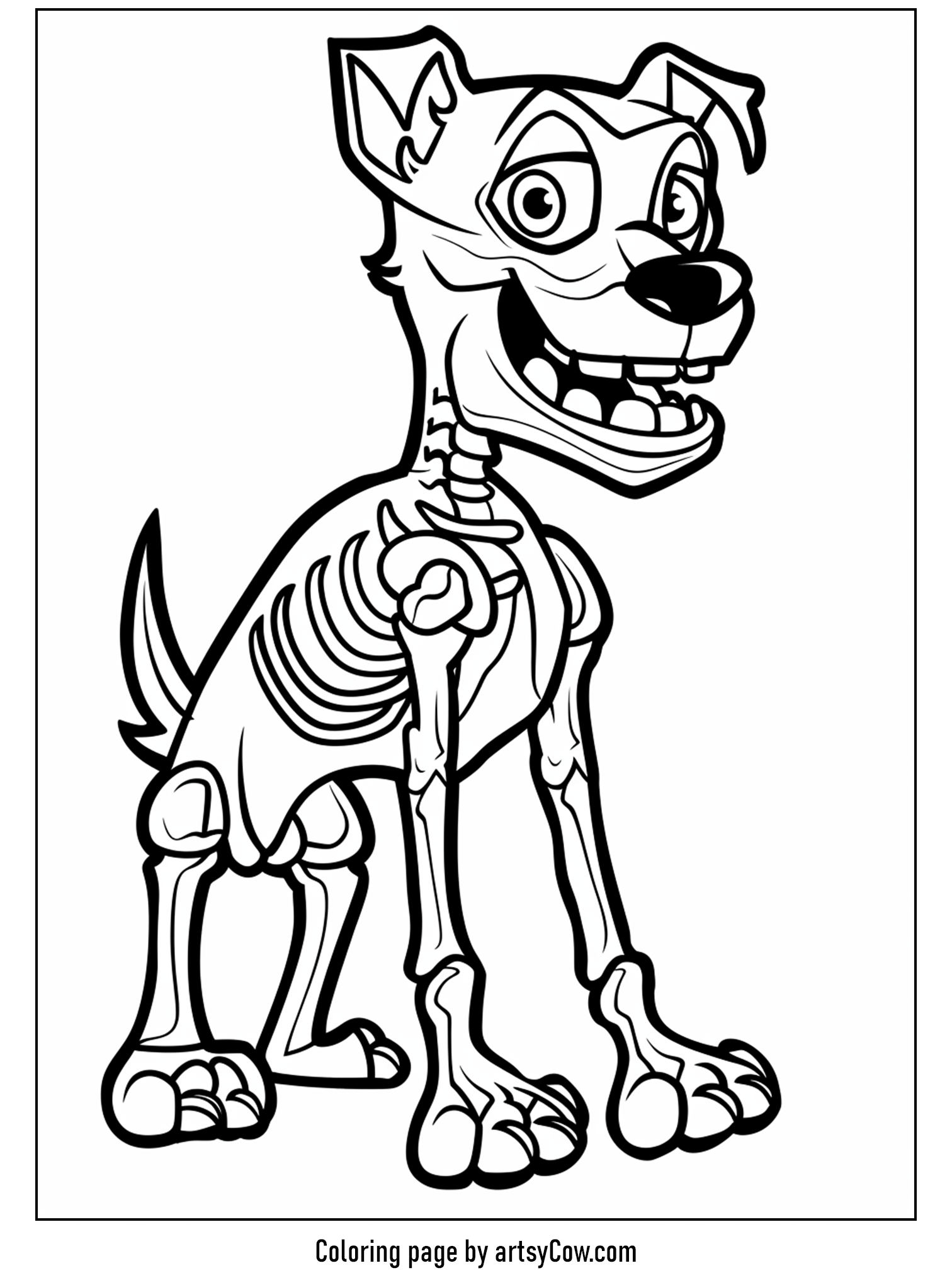scary halloween coloring pages, black and white illustration of a skeleton dog in a playful stance